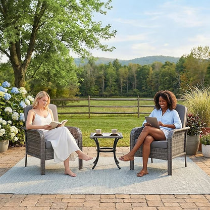 GarveeHome Outdoor Wicker Chairs Set of 2, All-Weather High Back Rattan Patio Furniture, 2-Piece Conversation Set with Comfy Cushions for Porch, Deck, Gray, Blue Cushion