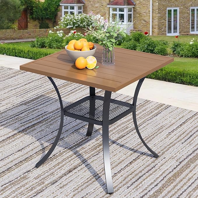 27.6" Square Outdoor Patio Table, All-Weather Metal Patio Table with Storage Shelf,Outdoor Dining Table for Lawn Garden Porch, Walnut