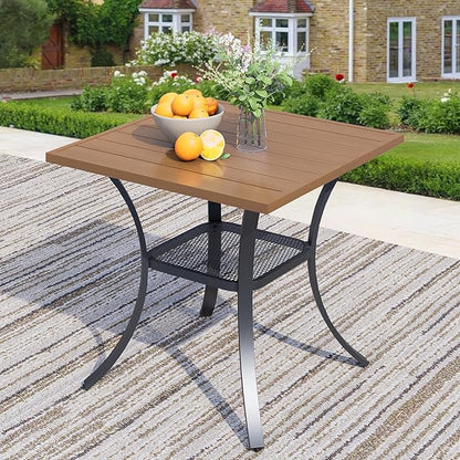 27.6" Square Outdoor Patio Table, All-Weather Metal Patio Table with Storage Shelf,Outdoor Dining Table for Lawn Garden Porch, Walnut