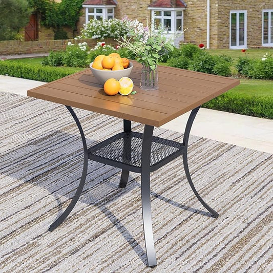 27.6" Square Outdoor Patio Table, All-Weather Metal Patio Table with Storage Shelf,Outdoor Dining Table for Lawn Garden Porch, Walnut
