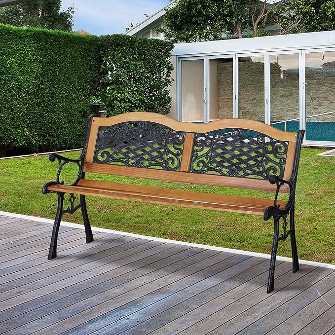 50" Outdoor Garden Bench with Wood Seat Weatherproof Patio Bench with Metal Frame Classic Porch Bench Comfortable Ergonomic Seating for Backyard Deck Poolside Natural