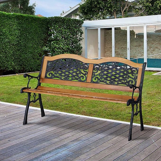 50" Outdoor Garden Bench with Wood Seat and Metal Frame 528 lb Capacity Classic Comfort Patio Bench with Antique-Like Flourishes for Backyard Deck Lawn Outside Pool Natural