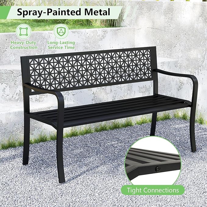 Tangkula Metal Outdoor Park Bench, 50 Inches Patio Garden Bench with Patterned Backrest and Curved Armrests, 2-3-Person Patio Bench, Outdoor Metal Loveseat Chair for Porch, Lawn, Yard and Park