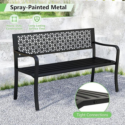 Tangkula Metal Outdoor Park Bench, 50 Inches Patio Garden Bench with Patterned Backrest and Curved Armrests, 2-3-Person Patio Bench, Outdoor Metal Loveseat Chair for Porch, Lawn, Yard and Park