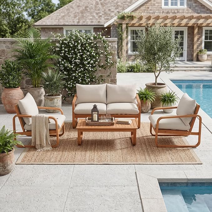 Merax Outdoor 4-Piece Acacia Wood Conversation Set - Patio 2-Seat Loveseat Sofa w/Coushion - Photo 1