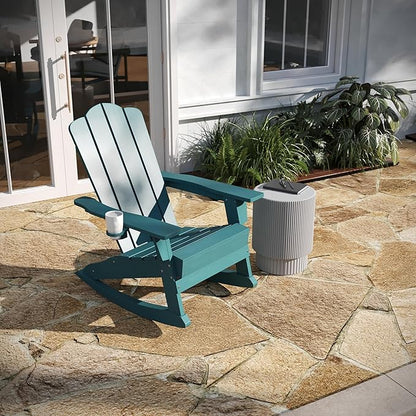 Taylor & Logan Nellis Adirondack Rocking Chair with Cup Holder, Weather Resistant HDPE Adirondack Rocking Chair in Blue
