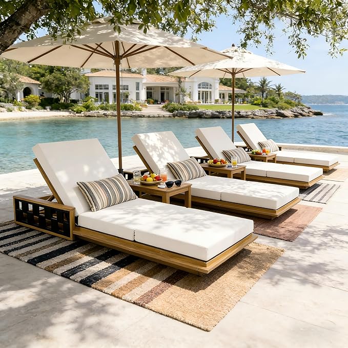 Merax Patio Chaise Lounge Set of 4, Acacia Wood Outdoor Reclining Chairs with 4-Position Adjustable Backrest - Photo 1