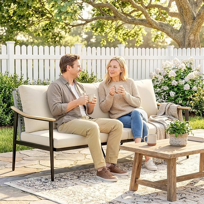Outsunny Outdoor Patio Couch, 3 Seater Outdoor Sofa with Wood-Effect Armrests and Wicker Backrest, Outdoor Patio Furniture Couch with Cushions, Steel Frame for Porch, Garden, Backyard, Khaki | Removable covers