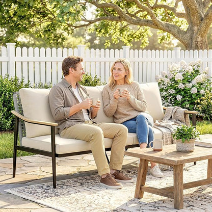 Outsunny Outdoor Patio Couch, 3 Seater Outdoor Sofa with Wood-Effect Armrests and Wicker Backrest, Outdoor Patio Furniture Couch with Cushions, Steel Frame for Porch, Garden, Backyard, Khaki | Removable covers