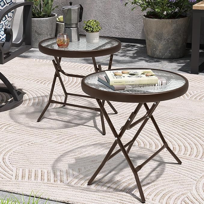 Foldable Patio Side Table Set of 2 with Tempered Glass Top 18" Folding Outdoor Side Tables Set of 2 Small Glass Patio - Photo 1