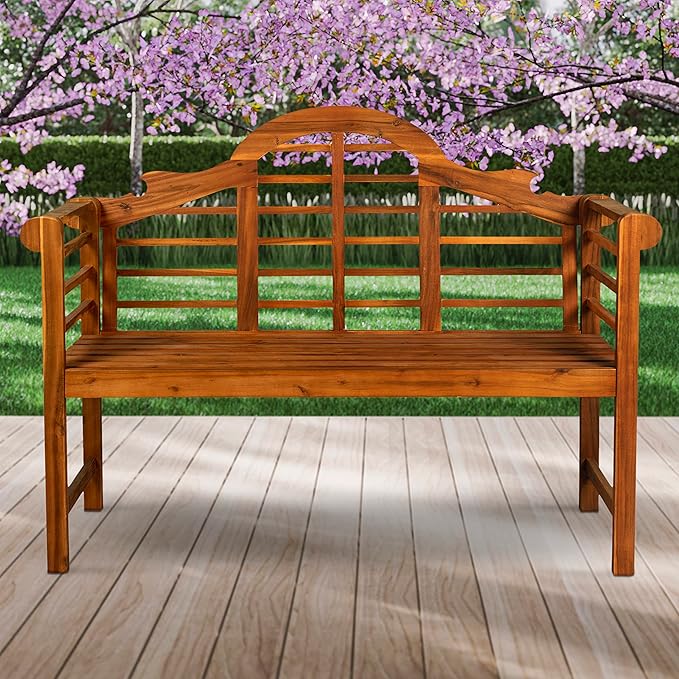 Eyely HNB103A Lucy 51.2" 3-Seat Arched 600-Lbs Support Acacia Wood Outdoor Garden Patio Bench for Garden, Lawn, Backyard, Pool, Deck, Beach, Firepit, Teak