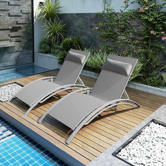 Outdoor Chaise Lounge Set of 2, Aluminum Patio Outdoor Lounge Chair for Beach Pool Sunbathing, Lawn Lounger Recliner Chair with 5 Adjustable Position, Outside Tanning Chairs with Armrest, Grey