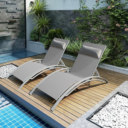 Outdoor Chaise Lounge Set of 2, Aluminum Patio Outdoor Lounge Chair for Beach Pool Sunbathing, Lawn Lounger Recliner Chair with 5 Adjustable Position, Outside Tanning Chairs with Armrest, Grey