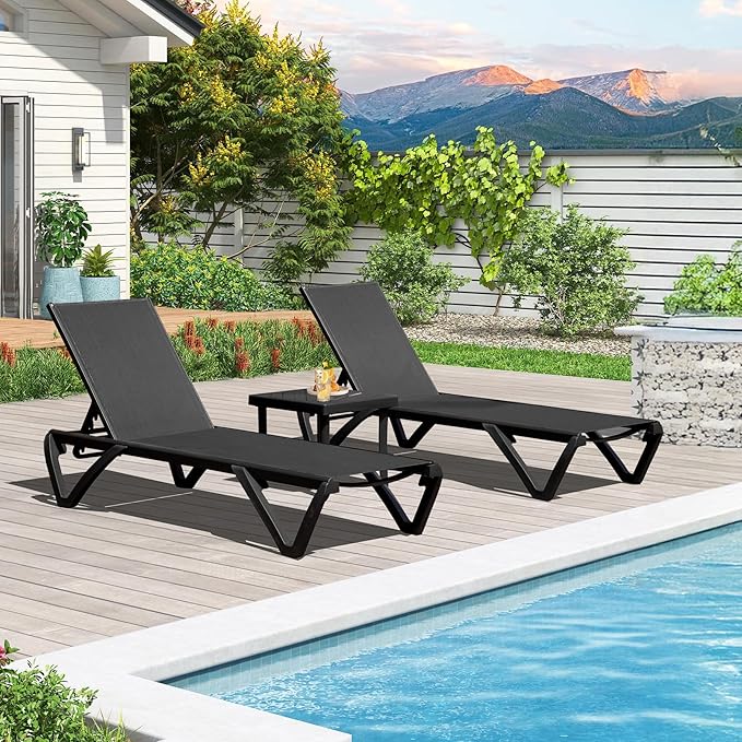 Domi Patio Lounge Chairs Set of 3, Aluminum Pool Chaise Lounge with Side Table,5 Position Adjustable Backrest and Wheels, Lounge Chairs for Pool, Garden, Beach, Backyard, Dark Grey