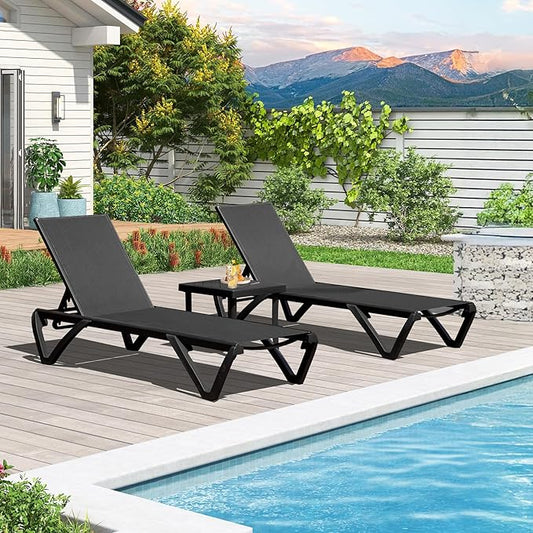 Domi Patio Lounge Chairs Set of 3, Aluminum Pool Chaise Lounge with Side Table,5 Position Adjustable Backrest and Wheels, Lounge Chairs for Pool, Garden, Beach, Backyard, Dark Grey
