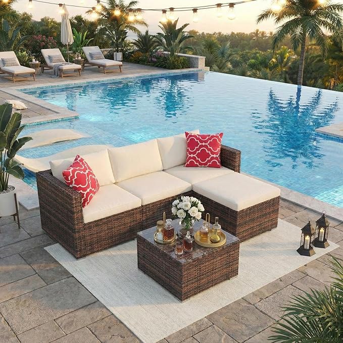 5-Piece Patio Sectional Sofa Set, All-Weather Brown PE Rattan Outdoor Conversation Furniture with Neutral-Tone Cushions - Photo 1