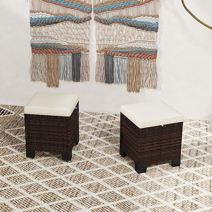 Outsunny 2 Pieces Outdoor Patio Ottomans, All Weather Wicker Outdoor Footstools with Removable Cushions, 3-in-1 PE Rattan Ottoman Seat, Footrest and Side Table for Backyard, Poolside, Beige