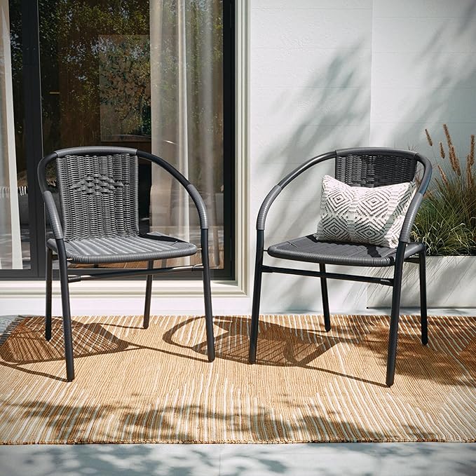 EMMA + OLIVER Set of 2 Modern Rattan Indoor/Outdoor Stack Chairs - Photo 1