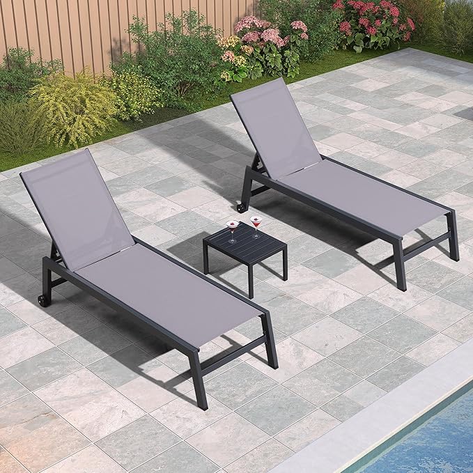 PURPLE LEAF Patio Chaise Lounge Set 4 Pieces Aluminum Outdoor Lounge Chairs with Wheels Textilene Sunbathing Recliner Light Gray