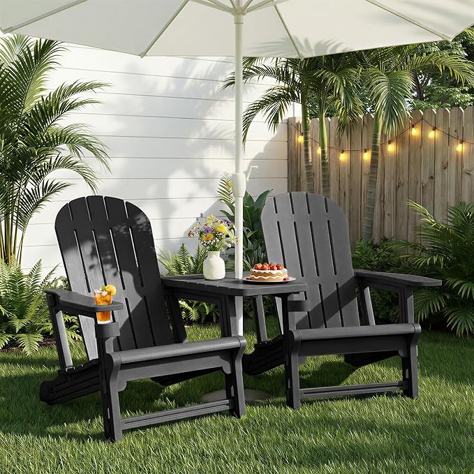 JY QAQA Outdoor Adirondack Chair Set of 2, All-Weather HDPE Patio Furniture with Detachable Table, Wood Texture & Cup Holder for Patio, Poolside, Garden, Black