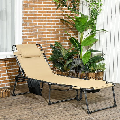 Outsunny Folding Chaise Lounge with 5-Level Reclining Back, Tanning Chair with Face Hole, Outdoor Lounge Chair with Side Pocket & Headrest for Beach, Yard, Patio, Beige