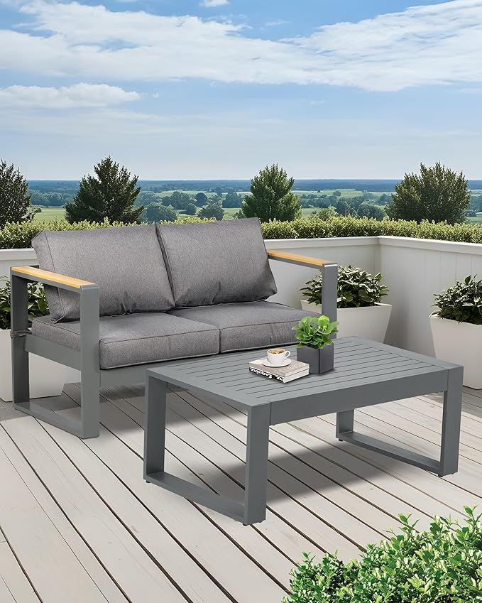 BPS Aluminum Outdoor Patio Furniture Coffee Table, Modern Rectangle All-Weather Patio Metal Coffee Side Table - Photo 2