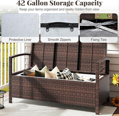 Tangkula 42 Gallon Outdoor Bench with Storage, Outdoor PE Rattan Storage Bench with Cushion, Backrest & Acacia Wood Armrests, Metal Frame, Waterproof Deck Box Seat for Porch Backyard Poolside