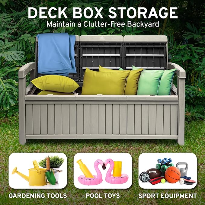 EconoHome 3 Seat Outdoor Storage Bench with Rain Cover - 90 Gallon Capacity - Weatherproof Resin Bench for Patio, Porch - Photo 3
