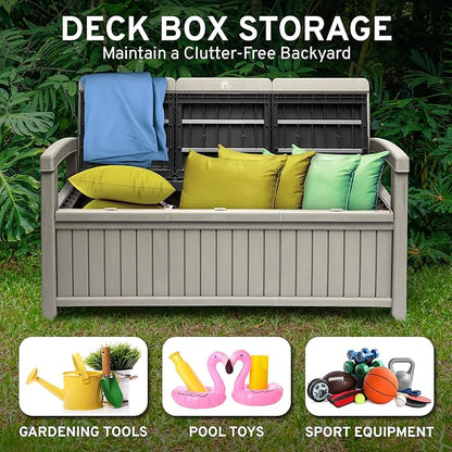 EconoHome 3 Seat Outdoor Storage Bench with Rain Cover - 90 Gallon Capacity - Weatherproof Resin Bench for Patio, Porch, Garden, Yard, Pool Area - Furniture for Pool Accessories, Gardening Tools