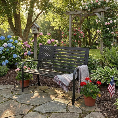 50" Garden Bench Outdoor Bench with American Flag Style, Cast Iron Metal Frame Sturdy Patio Park Bench Arch Legs for Porch,Lawn,Garden,Yard (Black)