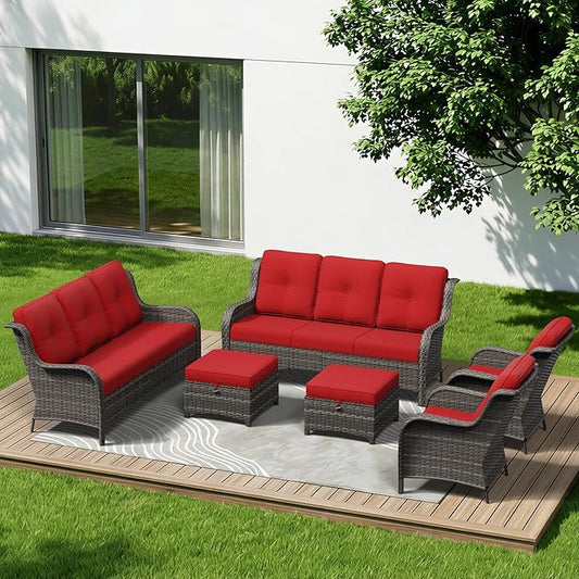 6 Piece Outdoor Wicker Patio Furniture Set, Patio Chairs Set with Thickened Olefin Cushions, High Back and Deep Seating, Hand-Woven PE Rattan, Ottoman for Porch, Deck