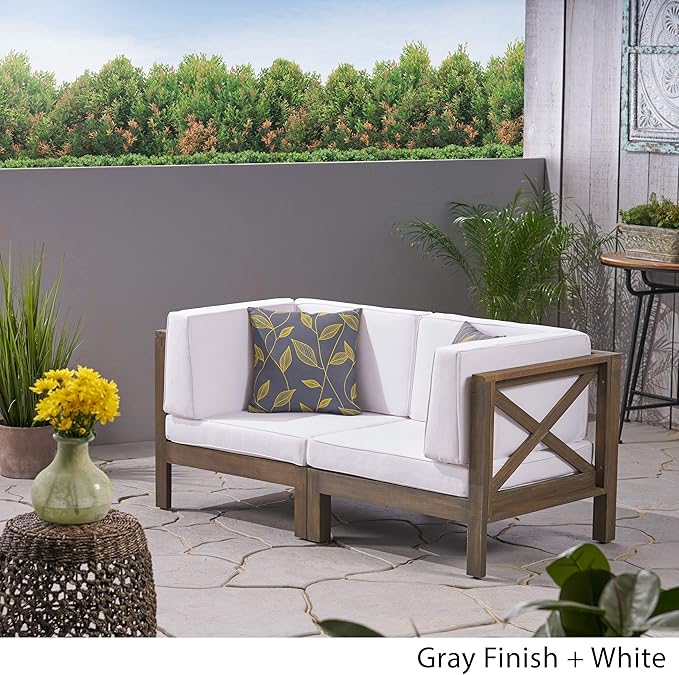 GDFStudio Outdoor Sectional Loveseat Set | 2-Seater | Acacia Wood | Water-Resistant Cushions | Gray and White - Photo 4