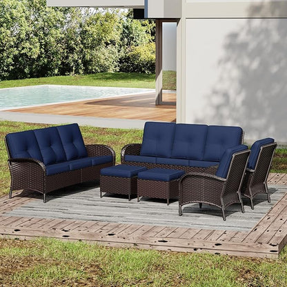 Joyside Wicker Patio Furniture Set, 6 Piece Outdoor Furniture Set with Thickened Cushions, High Back, Deep Seating, Wide Armrest, Rattan Outdoor Chairs for Porch, Deck