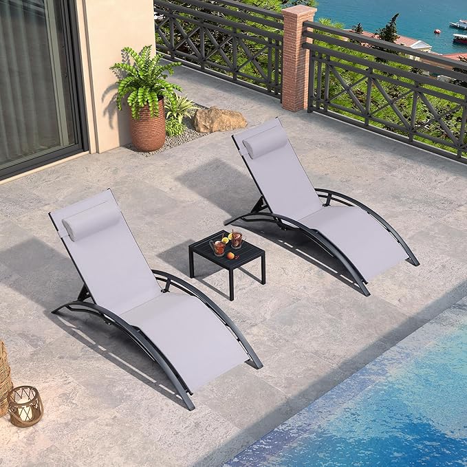 PURPLE LEAF Patio Chaise Lounge Chair Set with 2 Side Table Outdoor Pool Adjustable Recliner Chairs for Outside Beach Poolside Sunbathing Tanning Lounger