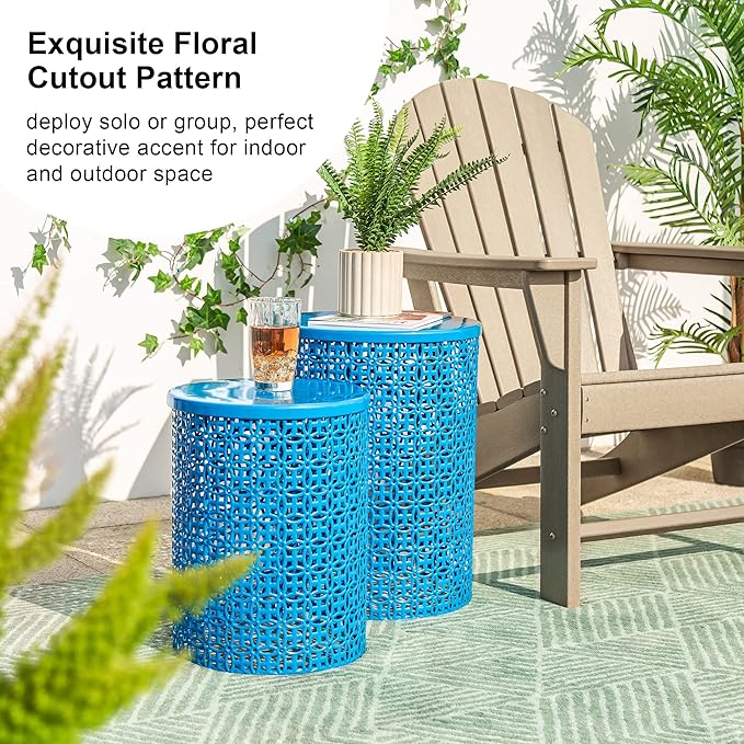 Glitzhome Outdoor Side Table Set of 2, Decorative Garden Stool for Patio Heavy Duty Metal Frame Accent Table Modern End Table, Glossy Blue