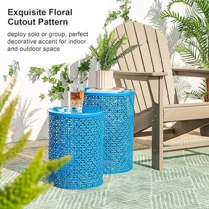 Glitzhome Outdoor Side Table Set of 2, Decorative Garden Stool for Patio Heavy Duty Metal Frame Accent Table Modern End Table, Glossy Blue