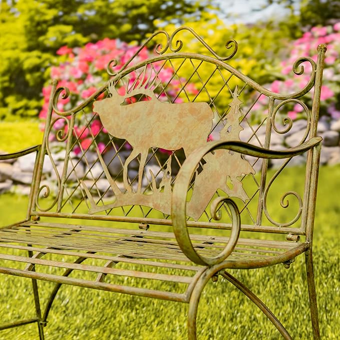 Classic Iron Garden Bench with Nature Scenery (Moose & Evergreen Backrest in Green)