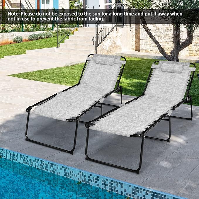 Tangkula Widen Folding Chaise Lounge Chair Set of 2, Portable Camping Recline Chair w/4 Backrest Positions, 2 Leg Positions, Sunbathing Beach Chair for Outdoor, Lawn, Patio, Support 400lbs (2, Grey)