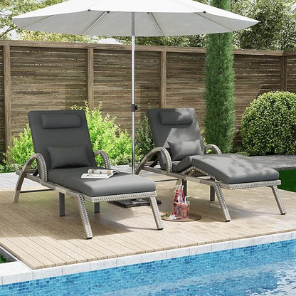 MEISSALIVVE Outdoor Lounge Chairs Set of 2, Patio Chaise Loungers with Adjustable 5 Position & Leg Support, PE Rattan Chaise Lounge, Wicker Pool Recliners Chair for Backyard, Porch, Deck, （Grey