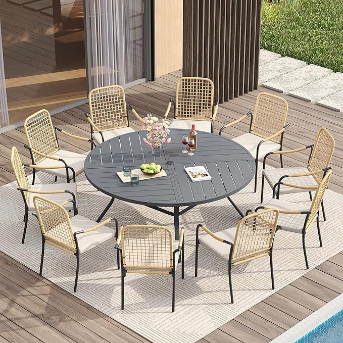 VICLLAX 63" Round Patio Table with Umbrella Hole, All Weather Metal Outdoor Dining Table for 8-10, Outside Table for Lawn Garden, Grey
