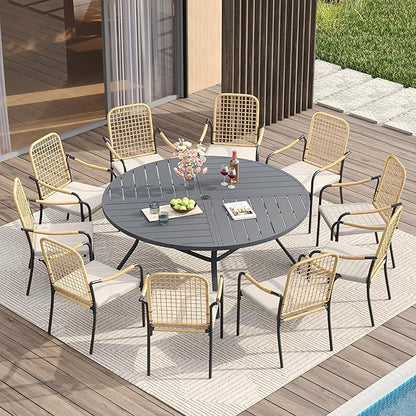VICLLAX 63" Round Patio Table with Umbrella Hole, All Weather Metal Outdoor Dining Table for 8-10, Outside Table for Lawn Garden, Grey