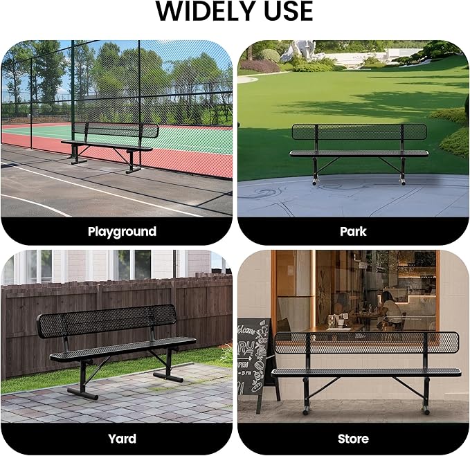 8 Feet Heavy Duty Metal Park Bench for Outside, Outdoor Bench with Backrest & Portable Frame, Commercial Benches for Shopping Malls, Stores, Parks, Patios, Decks, Black