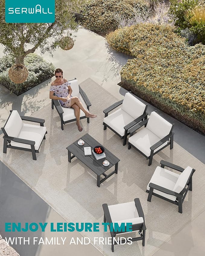 SERWALL HDPE Outdoor Furniture Set, 7 Piece All Weather Wood-Like Outdoor Sofa Sectional Couch - Photo 9