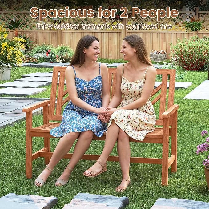 Tangkula Outdoor Wood Bench, 2-Person Patio Loveseat Chair with Geometric Backrest, Built-in Armrests & Slatted Seat, 660 lbs Weight Capacity, Garden Bench for Porch, Backyard & Poolside