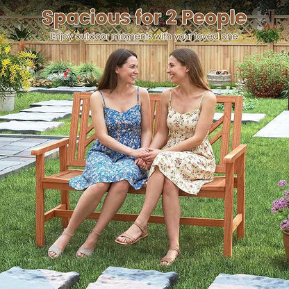 Tangkula Outdoor Wood Bench, 2-Person Patio Loveseat Chair with Geometric Backrest, Built-in Armrests & Slatted Seat, 660 lbs Weight Capacity, Garden Bench for Porch, Backyard & Poolside