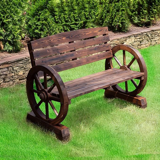 Zingz & Thingz Rustic American Old West Outdoor Home & Garden Wooden Wagon Wheel Bench, 42.25x21x31, Brown - Photo 4