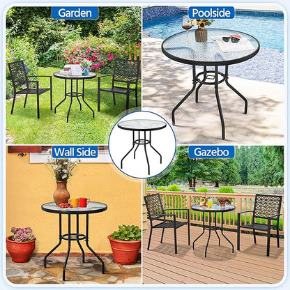 Yaheetech 27.4'' Patio Bistro Table Round Outdoor Coffee Table, Round Tempered Glass Top with 1.7'' Umbrella Hole, Iron Frame for Balcony Backyard Lawn and Garden
