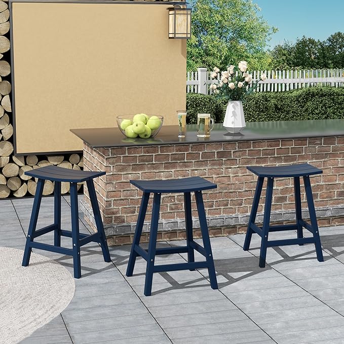 Costaelm All-Weather Bar Stools Set of 3, 24" Height Outdoor Bar Stools, Adirondack Poly Patio Bar Stool for Patio, Deck, Kitchen Counter and Garden, Navy Blue