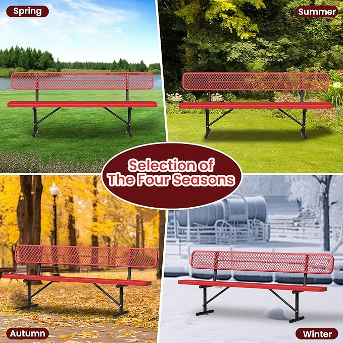 8FT Park Bench for Outside Heavy Duty Metal Mesh Bench with Back Portable Frame, Commercial Steel Bench Outdoor Garden Benches for Lawn, Park, Deck, Garden, Patio, Porch (Red, 8FT)