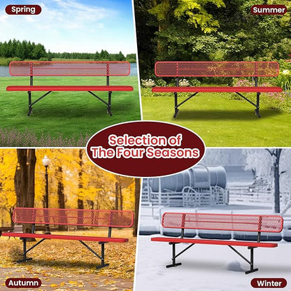 8FT Park Bench for Outside Heavy Duty Metal Mesh Bench with Back Portable Frame, Commercial Steel Bench Outdoor Garden Benches for Lawn, Park, Deck, Garden, Patio, Porch (Red, 8FT)